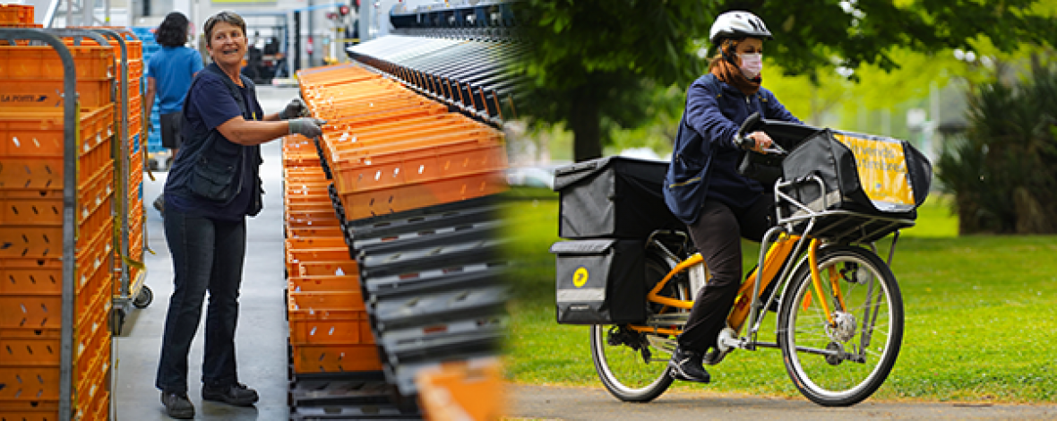 femmes vélos factrice plateforme internationale courrier bac orange